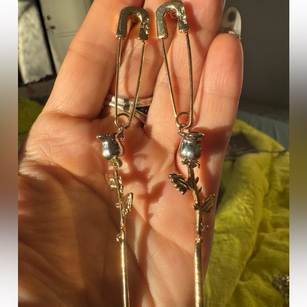 Ambush dual tone Gold and Silver Rose Safety Pin Earrings